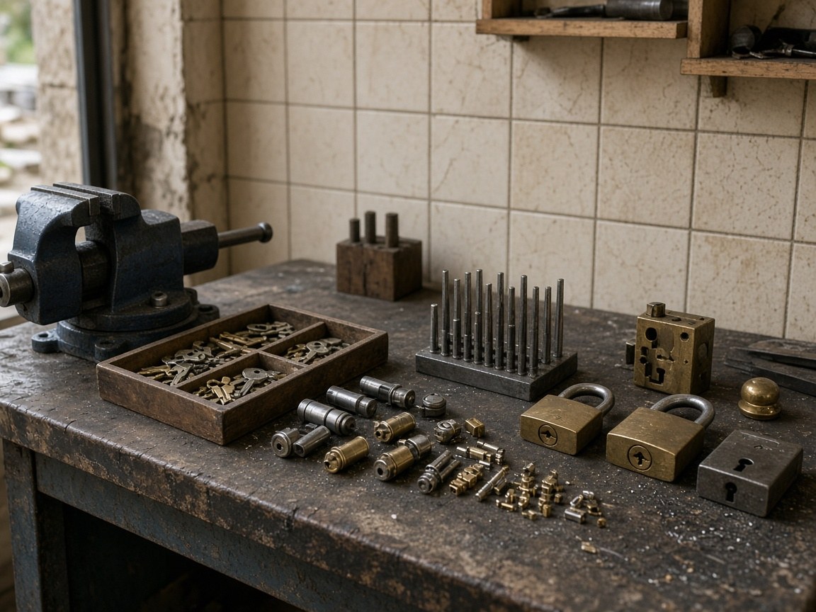 Workbench with key blanks, a cutting machine, and tagged cylinders