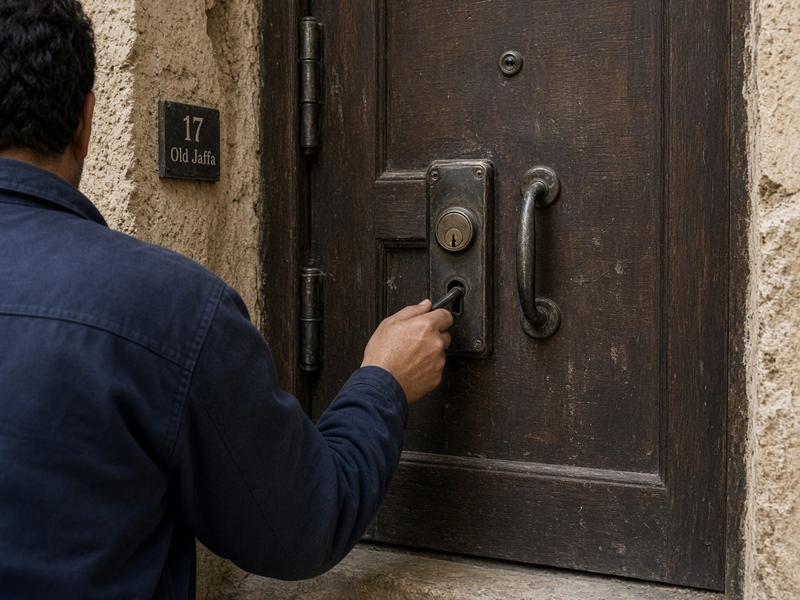 Heavy wooden street door in Old Jaffa with a new cylinder