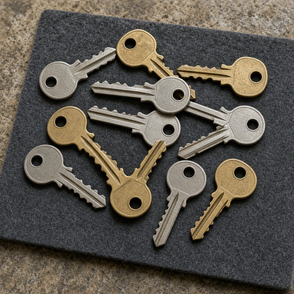 Brass house keys hanging on a numbered board in the shop