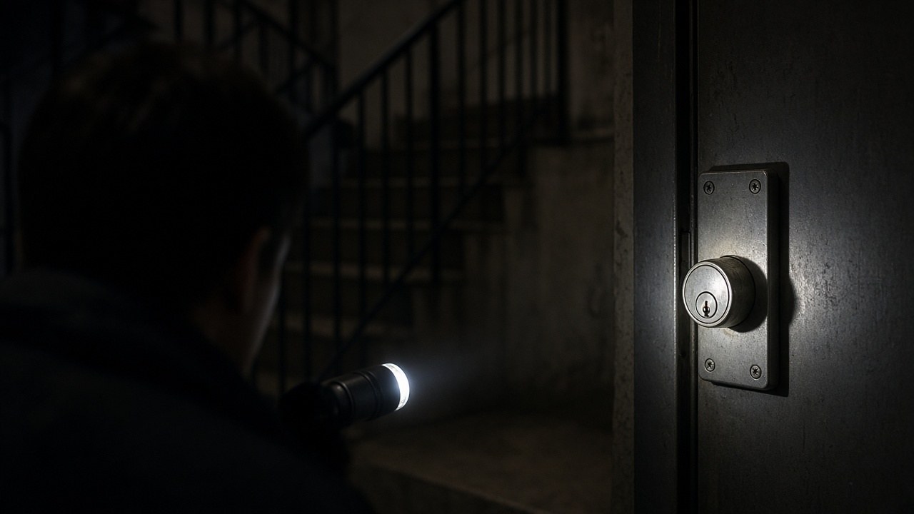 Locksmith working at a courtyard door under a street lamp