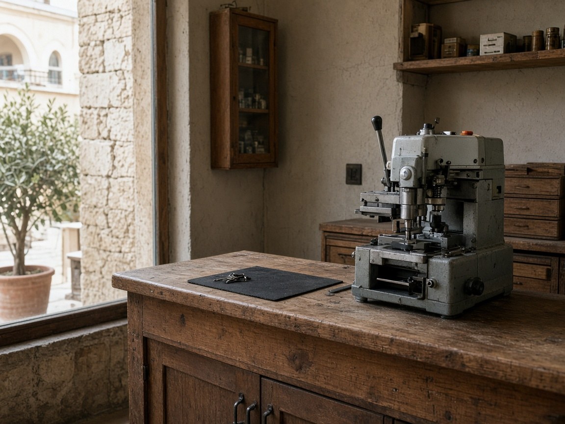 Interior of Jaffa Keys with key boards and a cutting machine