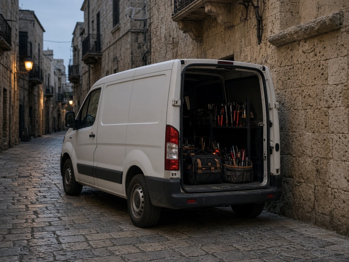 White locksmith van parked on a Jaffa side street at dusk